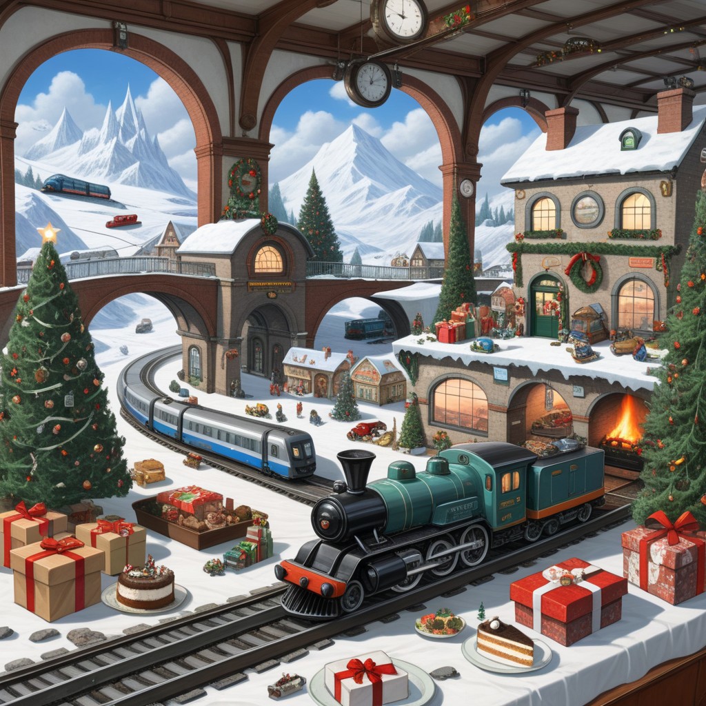 On the grownd in the living room[train station, bridge, window, science fiction, traditional media, motor vehicle, day, vehicle focus, road, gift, railway, christmas, food, cloud, box, cake, fireplace, plant, weapon, snow]