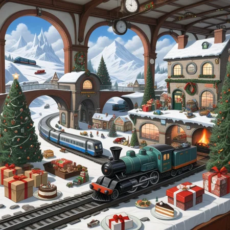 On the grownd in the living room[train station, bridge, window, science fiction, traditional media, motor vehicle, day, vehicle focus, road, gift, railway, christmas, food, cloud, box, cake, fireplace, plant, weapon, snow]