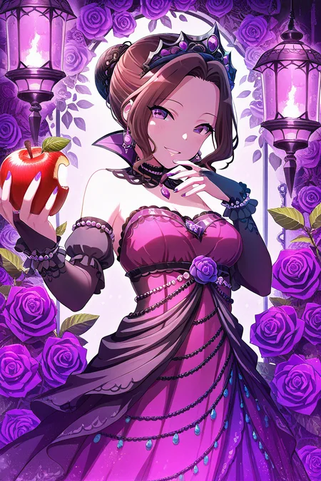 masterpiece, best quality, amazing quality,
<lora:Hisame_IL:1> hisame, 1girl, food, fruit, apple, solo, flower, dress, brown hair, rose, jewelry, purple rose, tiara, earrings, smile, bridal gauntlets, looking at viewer, hair bun, nail polish, holding fruit, holding food, purple flower, holding, breasts, lantern, queensk