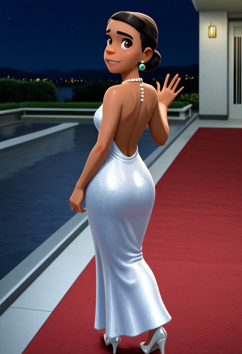 masterpiece, best quality, amazing quality, accurate style, detailed face, accurate colors, detailed eyes,
0lg4EL10, pixar style, 1girl, dark skin, black hair, hair bun, brown eyes, slicked hair, solo, 3d,
long elegant dress, backless gown, earrings, high heels, necklace,
smiling, closed eyes, walking, waving, looking over shoulder,
red carpet, outdoors, night,