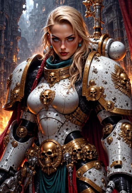 blonde female knight, wearing WhiteS40K power armor, and holding a flaming sword <lora:FluxWhiteS40K:1> <lora:FluxMythP0rtr4itStyle:0.7>