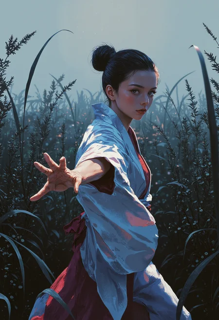 p0st_1mp4ct style, miboso, (dutch angle:1.2),(view from below:1.4), A young woman in a traditional Japanese kimono stands poised in a powerful Wing Chun stance amidst a dark, mystical reed-filled landscape, reminiscent of Ashley Wood's eerie and mystical art style. The reeds sway ominously in the background, as if sensing her impending movement, set against a subtle Dutch angle distortion of 20%. Her muscles are tense and coiled, ready to strike, casting a sense of foreboding and anticipation in this haunting and atmospheric scene. <lora:Evangelion_Post-impact_Apocalyptic_Style_Flux.1_D_by_AutoPastel-000019:0.49> <lora:Hand v2:0.91> <lora:Miboso_Style:0.50> <lora:qiu_blue_000009500:0.46>