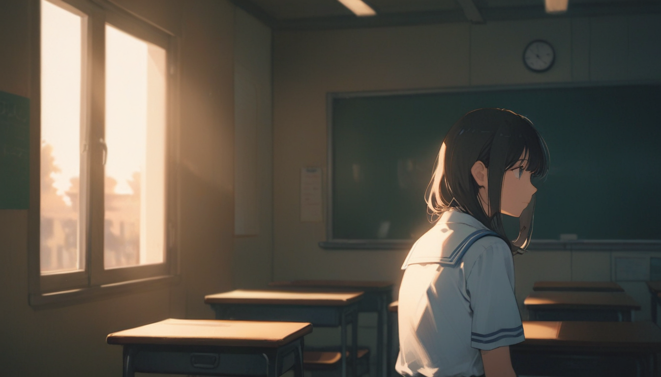 A lone schoolgirl, dressed in her crisp white and blue uniform, stands pensively by a chalkboard in an empty classroom. Soft, warm lighting illuminates the scene, with a subtle hint of sunlight peeking through the windows. Her long black hair cascades down her back as she gazes downward, lost in thought. warm, tranquility and peace,serenity-style