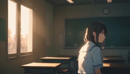A lone schoolgirl, dressed in her crisp white and blue uniform, stands pensively by a chalkboard in an empty classroom. Soft, warm lighting illuminates the scene, with a subtle hint of sunlight peeking through the windows. Her long black hair cascades down her back as she gazes downward, lost in thought. warm, tranquility and peace,serenity-style