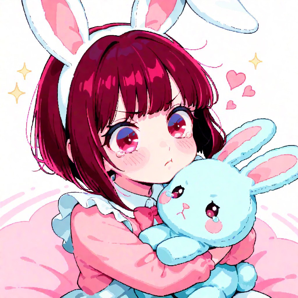 masterpiece, best quality, amazing quality, very aesthetic, high resolution, ultra-detailed, absurdres, newest, AgeRegression, 1girl, baby, toddler, arima kana, pouting, tears, cute, holding, hugging, bunny plushie, stuffed toy, stuffed animal, minimalistic, cute, simple, pastel colours, limited palette, medium shot, hearts, stars, sparkles, white line, graphic line, solid white line surrounding character