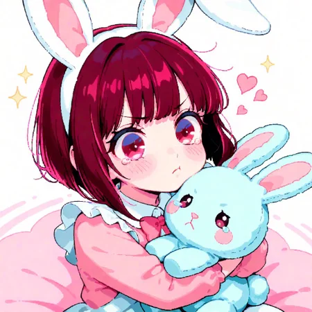 masterpiece, best quality, amazing quality, very aesthetic, high resolution, ultra-detailed, absurdres, newest, AgeRegression, 1girl, baby, toddler, arima kana, pouting, tears, cute, holding, hugging, bunny plushie, stuffed toy, stuffed animal, minimalistic, cute, simple, pastel colours, limited palette, medium shot, hearts, stars, sparkles, white line, graphic line, solid white line surrounding character