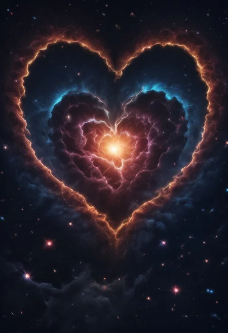 very dramatic lighting, behind is a universe of love. hearts, rainbows. contrasting colors, epic, fantastical, shine, toning, stars, galaxy, epic movie poster image.