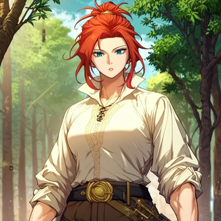 score_9, score_8_up, score_7_up, masterpiece, very high quality, Anime_source, AliciaTermina, blue eyes, red hair, medium hair, ponytail, working uniform, epiCPhoto, brown pants, white top, belt, abs, trees, dark sky,