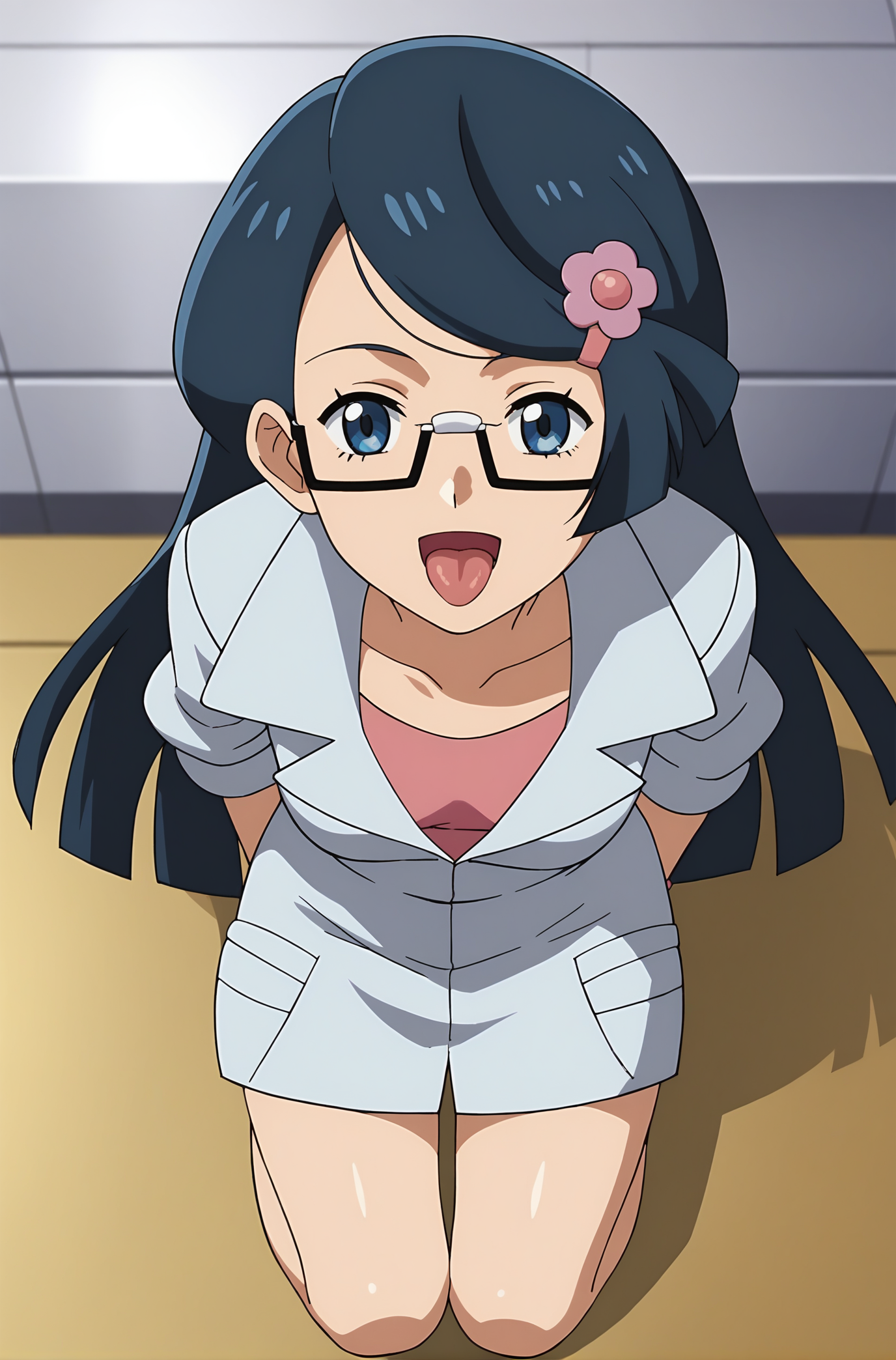score_9, score_8_up, score_7_up, score_6_up, source anime, anime, animification, anime screencap, anime coloring, vivid colors, shiny skin, skindentation, deep skin, depth of field, high quality, highres, (dynamic angle,dynamic pose),
fennel \(pokemon\), 1girl, long hair, open mouth, blue eyes, hair ornament, blue hair, glasses, tongue, hairclip, tongue out, kneeling, under-rim eyewear, labcoat
BREAK
masterpiece,high quality
 <lora:Fennel_PokemonPony:0.9>