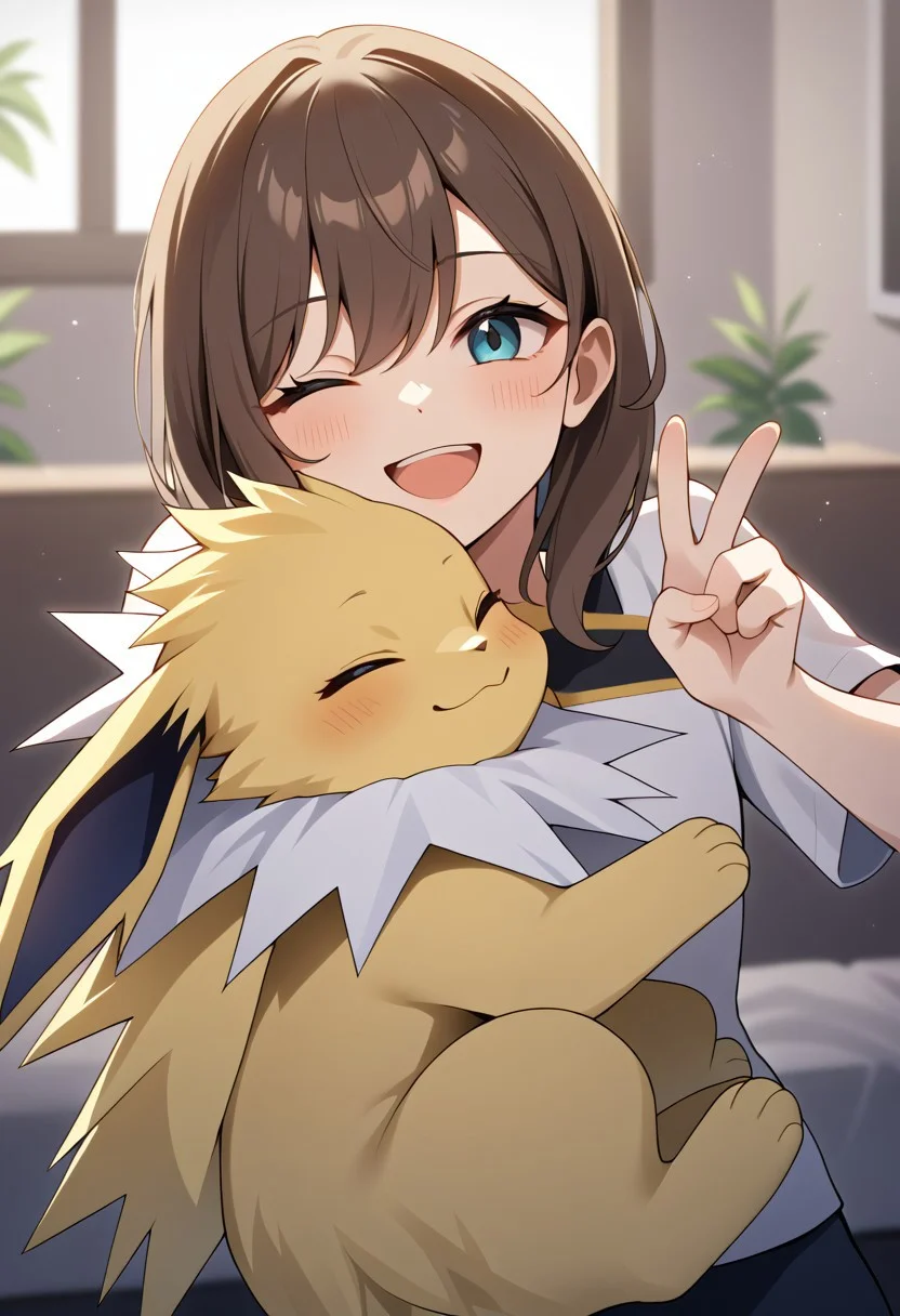(source_anime, score_9, score_8_up, score_7_up:1), pmandgal, (rating_safe:1.8), 1girl, 1poke, hugging, human female, male jolteon, brown hair, peace sign, smile, one eye closed, looking at viewer, indoors