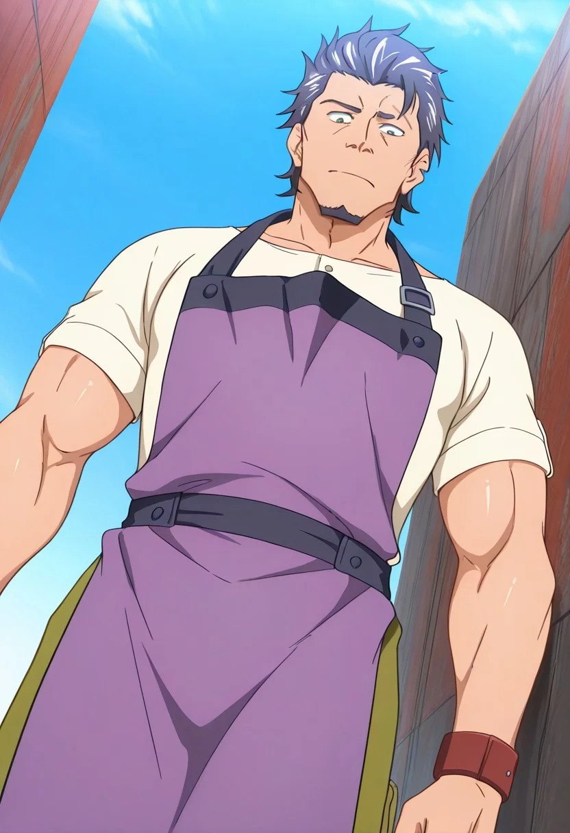 safe_pos, score_9, score_8_up, score_7_up, score_6_up, perfect anatomy, perfect proportions, best quality, masterpiece, high_resolution, high quality, best aesthetic, incredibly absurdres, highres, extremely detailed, huge filesize, solo male, adult, mature, masculine, manly, handsome, charming, alluring, standing, upper body, dutch angle, cowboy shot, source_anime \(Deca Dence\), anime coloring \(Deca Dence\), Kaburagi \(Deca Dence\), DDKaburagi, blue hair, hair slicked back, facial hair, goatee, green eyes, sanpaku, constricted pupils, eyebrow slit, scar, ddkaburagi_outfit03, white shirt, wide necked shirt, short-sleeved shirt, sleeves tucked up and buttoned, purple apron, long apron, olive work pants, wide pants, eft leather bracelet, brown boots, blue sky, day, rusty iron wall, ((view from below))