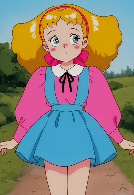 1girl, mary-lennox, blonde hair, hairband, blue eyes, blush stickers, outfit1, ribbon, outdoors, retro artstyle, official style