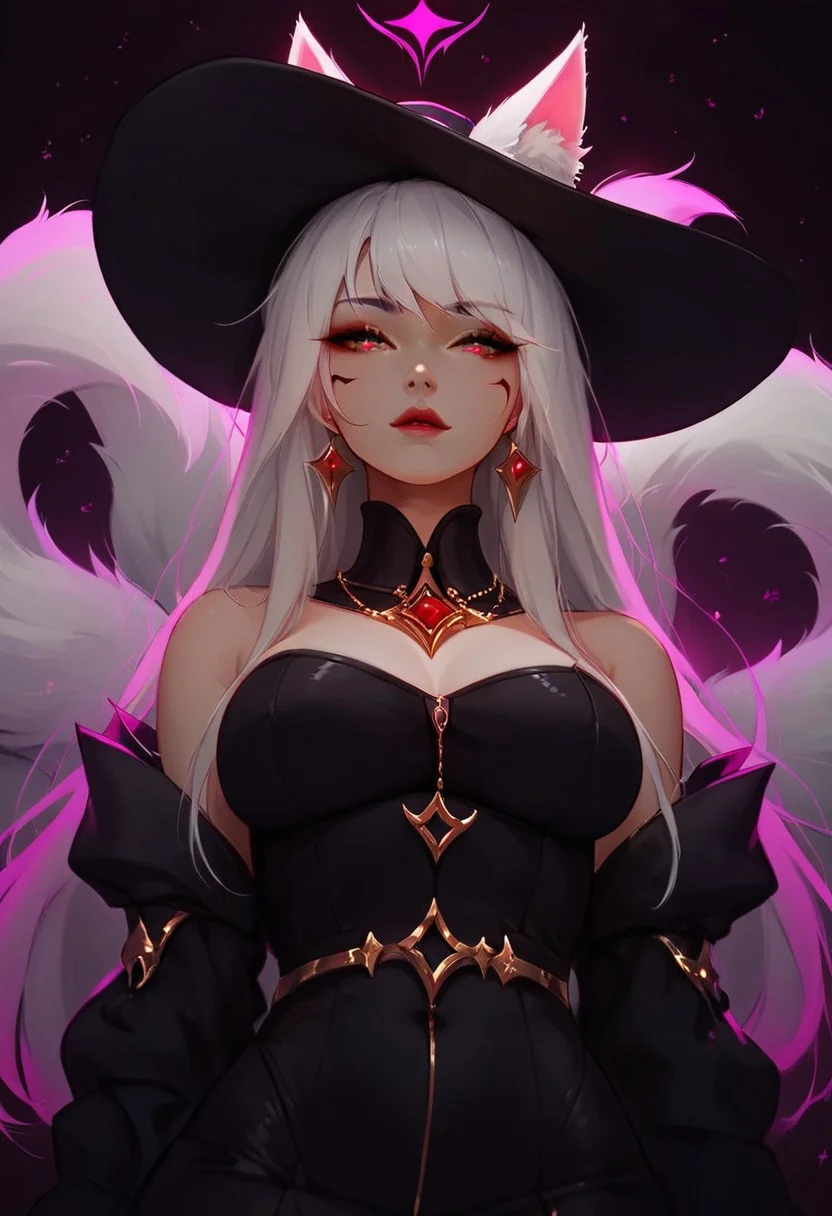 ShimmerStyle, dynamic angle, ultraHD, ultrarealistic, score_9, score_8_up, score_7_up, score_6_up, a woman, animal ears, animal ear fluff, red eyes, perfect cute face, perfect beautiful face, white hair, long hair, glowing eyes, (red eyes)
(Kitsune female), ((nine tails)), (Fox ears), (fox tails), (multiple tails), (light grey colored fur with black tips), sexy female fox goddess, foxgirl, Sona (League of Legends)
witch hat, gold hair pieces, low angle
nightime, moonlight, futuristic, Expressiveh, looking_at_viewer, g0thicPXL, glowing, neon,