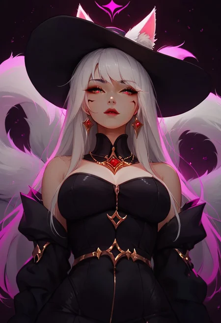 ShimmerStyle, dynamic angle, ultraHD, ultrarealistic, score_9, score_8_up, score_7_up, score_6_up, a woman, animal ears, animal ear fluff, red eyes, perfect cute face, perfect beautiful face, white hair, long hair, glowing eyes, (red eyes)
(Kitsune female), ((nine tails)), (Fox ears), (fox tails), (multiple tails), (light grey colored fur with black tips), sexy female fox goddess, foxgirl, Sona (League of Legends)
witch hat, gold hair pieces, low angle
nightime, moonlight, futuristic, Expressiveh, looking_at_viewer, g0thicPXL, glowing, neon,