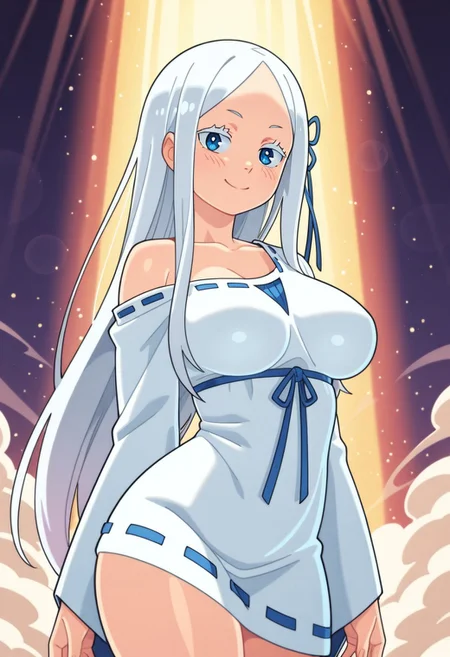 Suoiresnu - NSFW Style, (((1girl, solo))), full_body, firm boobs, perky body, big_booty, cute, perfect_face, beautiful_eyes, shiny eyes, bright eyes, perfect_body, legs and arms, soft skin, (sexy_pose, cute_pose), erotic, Standing up, dynamic pose, ((masterpiece)), vibrant colors, wallpaper, colorful, stunning, ((looking_at_viewer)), sweet thighs, expressive face,(lens flare, god rays, light dust, dust particles:1.3), <lora:Dramatic Lighting Slider:5>, (front view), cowboy shot, shiny skin, skindentation, Pandora, (Re:Zero), white hair, long hair, blue eyes, colored eyelashes, parted bangs, pale skin, forehead, blue ribbon, long hair ribbon, witch dress, ribbon-trimmed dress, shoulder slip, white dress, loose dress