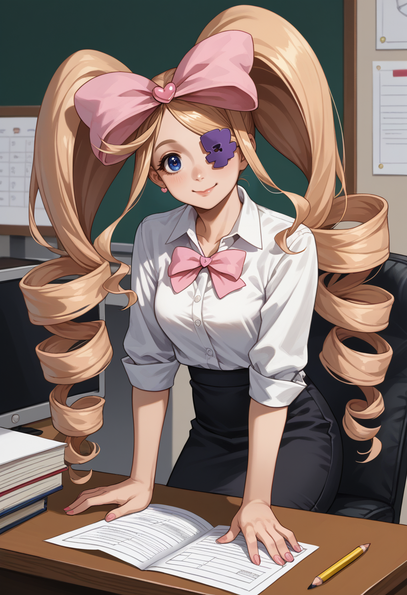 score_9, score_8_up, score_7_up, source_anime, solo, 1girl, harime nui, smile, looking at viewer, sitting on desk, big hair, twin drills, hair bow, pink bow, huge bow, eyepatch, white shirt, collared shirt, black skirt, pencil skirt, black pantyhose, indoors, office <lora:klk_harime_ponyXL-000008:1>