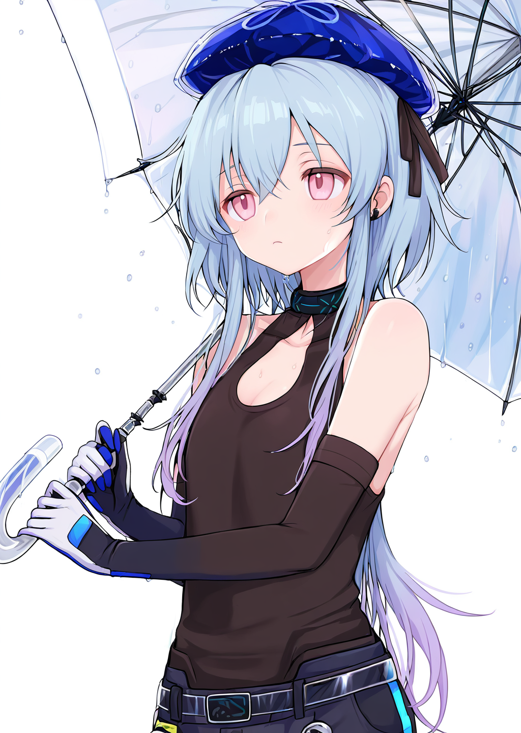 <lora:ShimizuAkina250208:1>,ShimizuAkina,<lora:mizuki_arknights_for_IL:1>,mizuki_\(remove\)_\(arknights\),  blue hair, pink eyes ,gradient hair , beret,  cropped torso ,elbow gloves,   black collar , black shorts ,  holding umbrella,<lora:NOOB_vp1_detailer_by_volnovik_v1:1>,<lora:noobai_ep11_stabilizer_v0.138_fp16:1>,