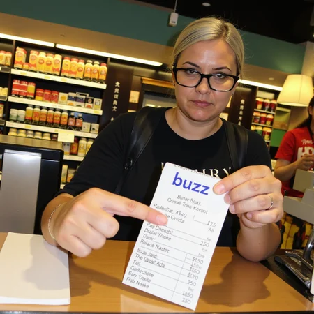 Point of view photograph, a foreign woman with greying hair and too much makeup, stands in front of you, seeking a refund. She places her receipt on the counter, with the word 'buzz' clearly written on it in blue sharpie. (She taps impatiently on the receipt with her index finger) while making direct eye contact with you. The woman is dressed in casual yet stylish attire, and her expression is a mix of impatience and determination.<lora:boreal-train-v219-small-dataset-simple-caption:1>