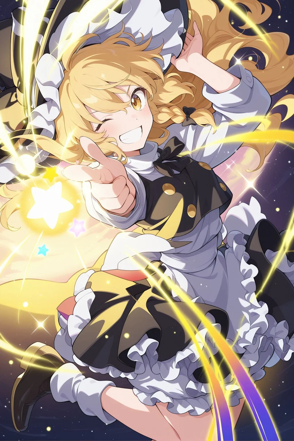 absurdres, highres, masterpiece, best quality, amazing quality, official anime artwork, screencap, anime screencap, looking at viewer,
ight particles, oustrached arm, pointing at viewer, danmaku, star, grin, one eye closed, smile, sparkle,
 <lora:Marisa-Kirisame_IllustriousV2:1> kirisame marisa, 1girl, solo, yellow eyes, blonde hair, long hair, single braid, small breasts,, witch hat, hat bow, white bow, hair ribbon, black ribbon, black shirt, white sleeves, short sleeves, waist apron, black skirt,