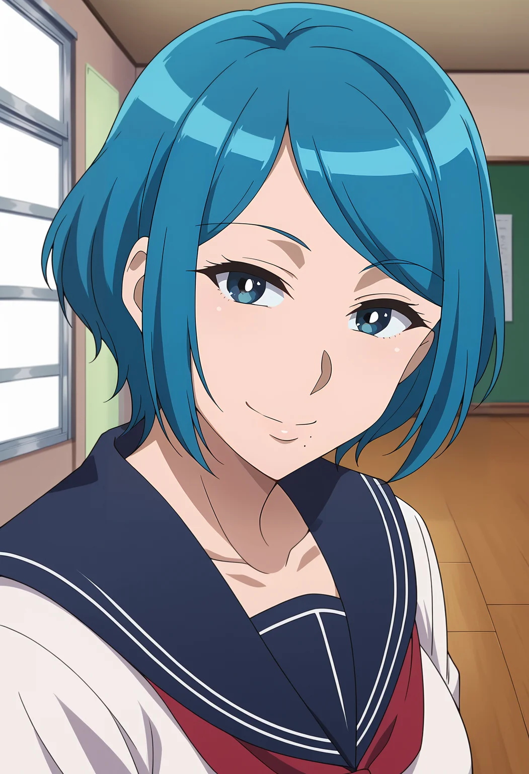 <lora:Medhimama-Tsuujou_Kougeki_ga_Zentai_Kougeki_de_Ni-kai_Kougeki_no_Okaasan_wa_Suki_desu_ka_r1:0.9>,Medhimama,mature female,1girl,solo,blue hair,short hair,blue eyes,mole under mouth,serafuku,school uniform,,looking at viewer, smile,indoors