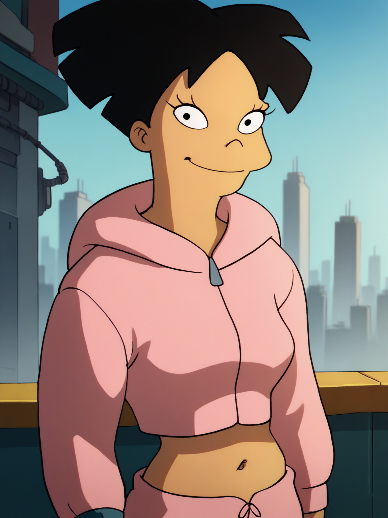 <lora:AmyWongPony1.2:1> amywong, black hair, solo, 1girl, black eyes, pink hoodie, navel, short hair,looking at viewer,upper body, standing, cowboy shot,  smile, city,science fiction,  score_9, score_8_up, score_7_up, score_6_up, score_5_up, score_4_up