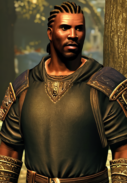 a man, <lora:Redguard-Male:0.8>, Redguard-Male, 1man, solo, upper body, (masterpiece, best quality, absurdres, detailed, ultra-detailed:1.3), charming