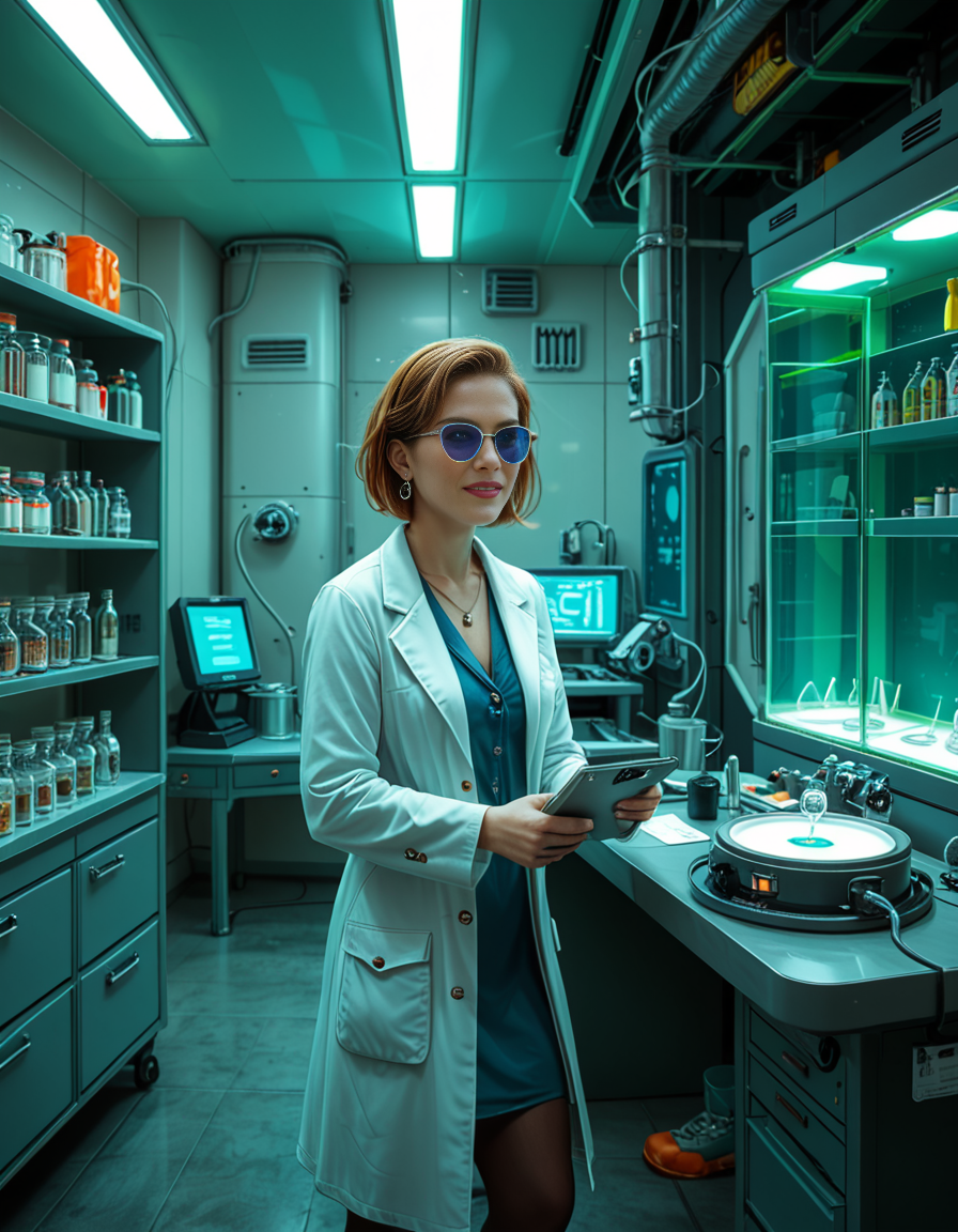 "A hyperrealistic scene of Gordon Freeman in his HEV suit eating lasagna at a retro 90s kitchen table, surrounded by domesticated headcrabs acting like pets, a Vortigaunt washing dishes in an apron, cinematic lighting, absurdity meets realism, surreal textures, intricate kitchen details, nostalgic yet eerie ambiance." looking at viewer,A (woman scientist:1.3),short brown hair, standing confidently in front of a futuristic laboratory,futuristic l4b0r4t0ry, filled with advanced technology and glowing screens. She is wearing a sleek, high-tech lab coat with metallic accents Her posture is upright,gesturing towards a large containment chamber with the other. Inside the chamber, faint outlines of humanoid figures are visible, suggesting the development of super soldiers. The laboratory is illuminated by soft neon lights in shades of blue and green, with detailed machinery, robotic arms, and vials of glowing substances scattered across workstations. The atmosphere is futuristic, clean, and high-tech, with a sense of intense innovation and ambition.<lora:SDXLFaeTastic2400:0.4> <lora:extremely_detailed:0.4> extremely detailed <lora:futuristic_l4b0r4t0ry:1>, Masterpiece,best quality,hi res,8k,hi res,8k,award winning,(sharp focus, intricate, highly detailed),