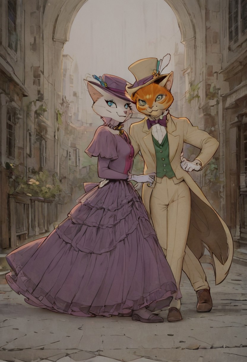 score_9, score_8_up, score_8, cute, in the style of beatrix potter, cel-shading, fca style, baroness louise, white fur, cat, female cat, blue eyes, anthro, gloves, purple hat, elegant hat, purple dress, looking at viewer, beautiful eyes, smile, 1girl, BREAK
baron humbert, ginger fur, blue eyes eyes, cat, male, anthro, suit, tuxedo, blue blow-tie, white gloves, 1boy, BREAK
Running towards each other, open arms