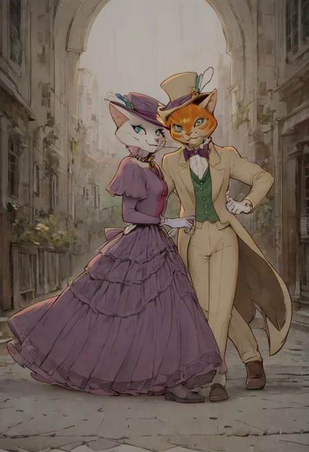 score_9, score_8_up, score_8, cute, in the style of beatrix potter, cel-shading, fca style, baroness louise, white fur, cat, female cat, blue eyes, anthro, gloves, purple hat, elegant hat, purple dress, looking at viewer, beautiful eyes, smile, 1girl, BREAK
baron humbert, ginger fur, blue eyes eyes, cat, male, anthro, suit, tuxedo, blue blow-tie, white gloves, 1boy, BREAK
Running towards each other, open arms