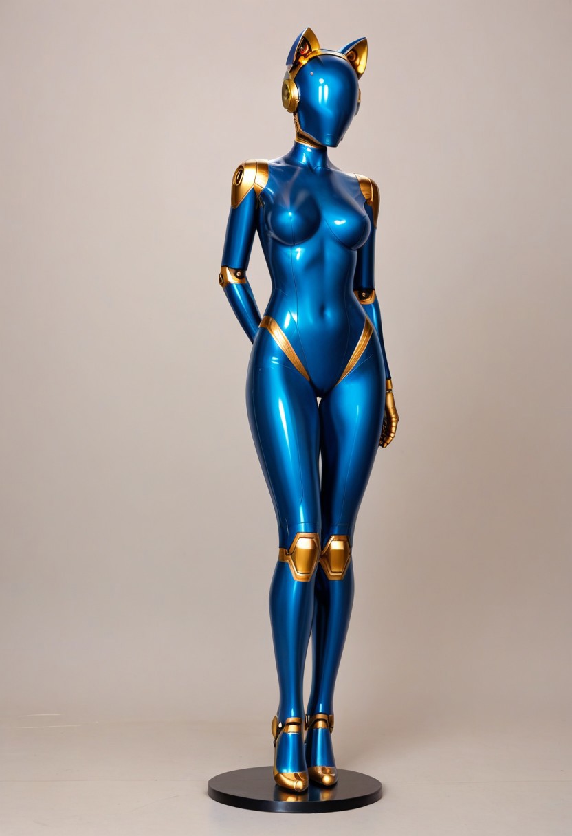 solo, A 35mm full length photo of  a beautiful 20 year old woman, she is a humanoid robot , robotic body, freckles, smooth featureless grey robotic skin, robotic aerials, metallic dark blue hair, elegant metallic blue latex bodysuit with gold trim, catlike robotic ears, jetpack, flying through the sky
TheFaceLess, mannequin, faceless, egghead