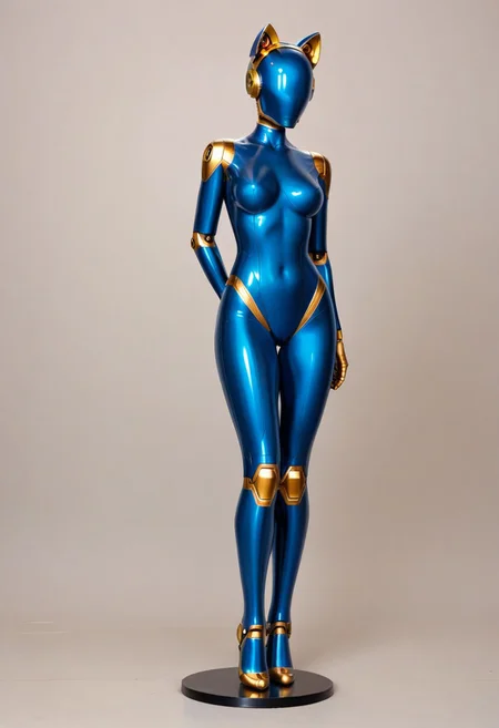 solo, A 35mm full length photo of a beautiful 20 year old woman, she is a humanoid robot , robotic body, freckles, smooth featureless grey robotic skin, robotic aerials, metallic dark blue hair, elegant metallic blue latex bodysuit with gold trim, catlike robotic ears, jetpack, flying through the sky
TheFaceLess, mannequin, faceless, egghead