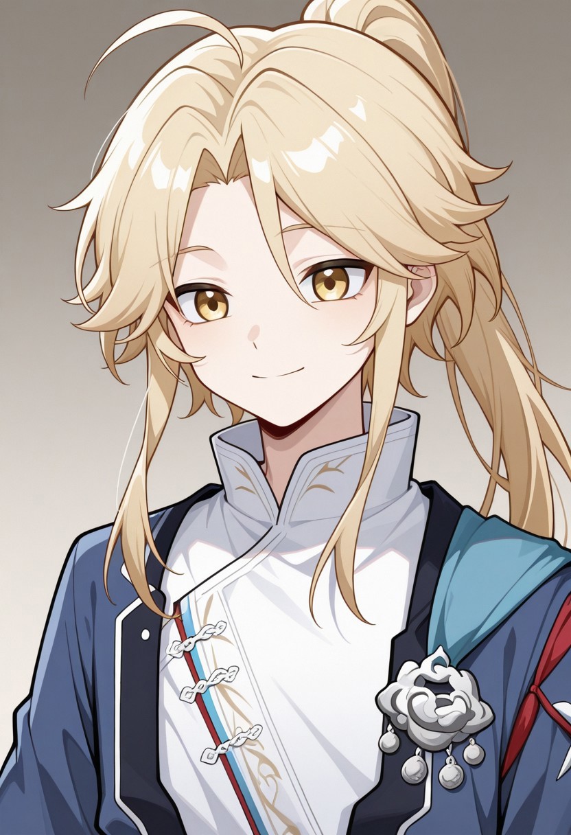 masterpiece,best quality,amazing quality, source_anime, 
Yanqihonk, 1boy, male focus, yellow eyes, blonde hair, long hair, ponytail, chinese clothes, shirt, white shirt, kimono, blue kimono, smile,