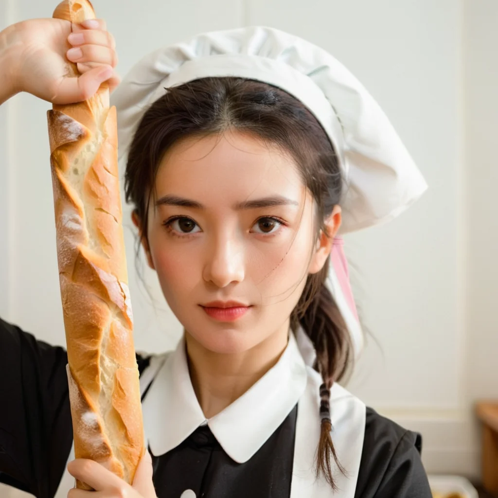 a maid holding a baguette in her hand , <lora:weaponface:0.85> ,close up