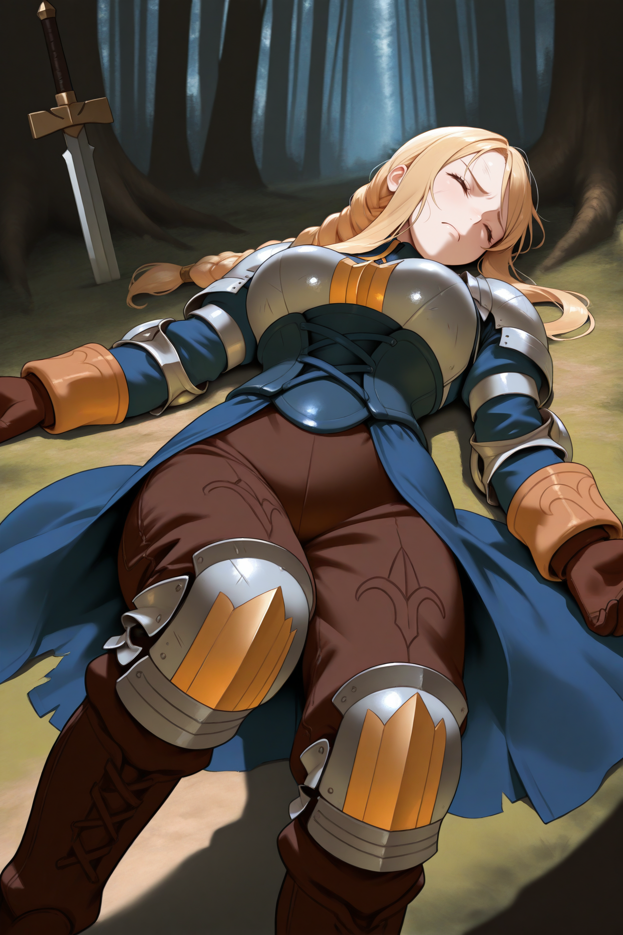 masterpiece, best quality, 1girl, solo, <lora:ffagrias-illu-nvwls-v1-000006:1> fftag, blonde hair, braided ponytail, sidelocks, long hair, armor, shoulder armor, blue dress, blue corset, elbow pads, long sleeves, brown pants, brown gloves, knee pads, brown boots, defeated, large breasts, lying on back, wince, closed eyes, sword, forest