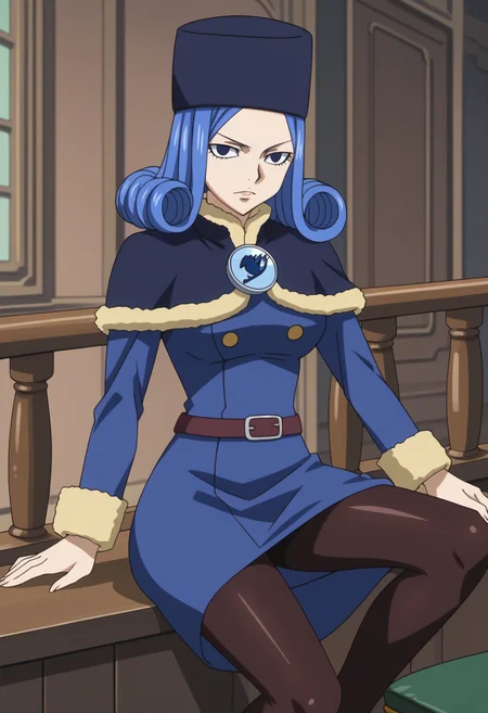 score_9, score_8_up, score_7_up, anime screencap, BREAK, 1girl, solo <lora:DX888Juvia:1>, juvia lockser, blue hair, curly hair, blue eyes, hat, dress, belt, capelet, fur trim, brooch, pantyhose, boots, BREAK Perched on ledge or railing, looking over edge