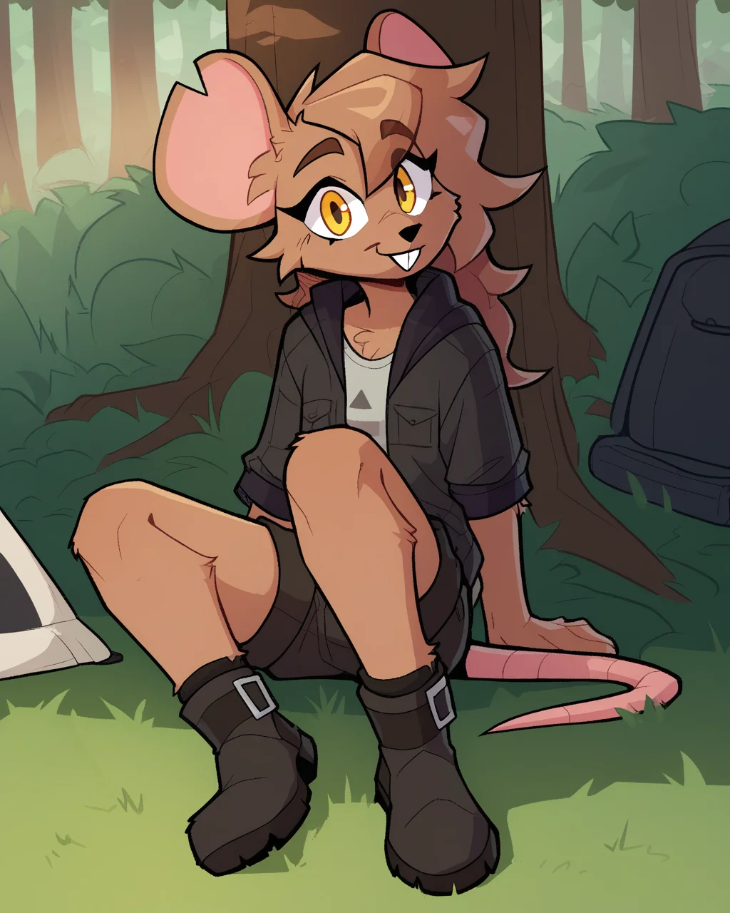 score_9_up, score_8_up, score_7_up, score_6_up, by remanedur, female, mouse, yellow eyes, brown hair, tail, brown fur, boots, buckteeth, lying, yellow eyes, t-shirt, black vest, tent, looking at viewer, leaning, shorts, leaning against tree, outside, forest, tree, grass, camping, camp, happy, smile, solo, head tilt, ground, <lora:Leah_Pines(AIM)_XL_v1:0.15> <lora:PDXL_artist_tags_v2_big:0.5> <lora:The-Minuscule-Task_PDXL_v1.0:0.6>  <lora:Leah_Pines_v2_WirelessShiba:0.7>