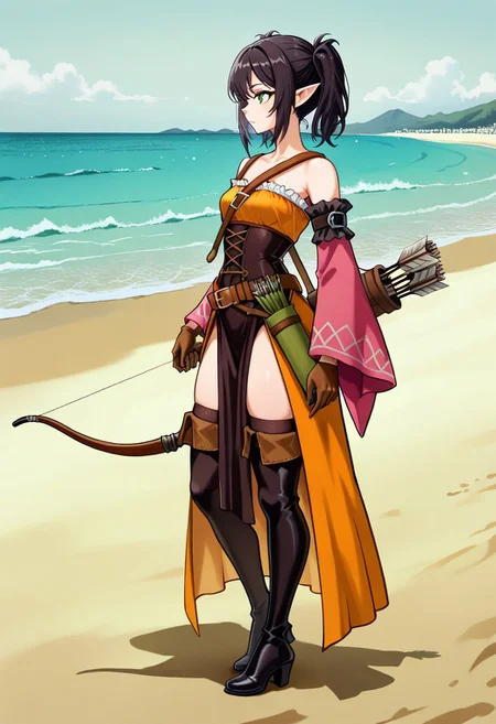 source_vanillaware,
full body, sideview,
1girl, solo,
RidielIL, half-elf,
black hair, short hair, twintails, sidelocks, green eyes, pointy ears, small breasts,
elven clothing, orange top, white frills, brown strap, shoulder strap, black corset, brown belt, black armbands, green stringties, detached sleeves, wide sleeves, pink sleeves, brown gloves, orange waist cape, black pelvic curtain, thighs, black thighhighs boots, black heel boots,
stoic, looking left, standing,
brown longbow, holding longbow, quiver,
beach,