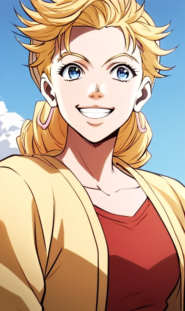 j0j0, score_8_up, score_7_up, source_manga, rating_safe, <lora:j0j0XLP:0.5>, suz1Q, girl, blonde hair, messy hair, blue eyes, cheeky smile, looking left, red dress, yellow coat, happy expression, upper body, outdoors, at the seaside, <lora:Jojos_Bizarre_Adventure_Suzi_Q_-_Pony:0.9>