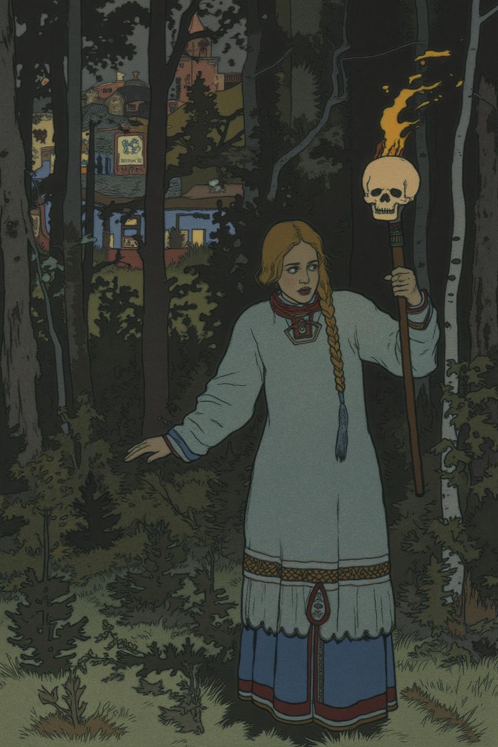ivanbilibin1 illustration.
A young woman with braided hair stands in a forested area surrounded by tall trees and dense undergrowth at night.  She is holding a torch in the shape of a skull.
 <lora:ivanbilibin1_cap_d6a3:1.0><lora:835866361969451495:0>