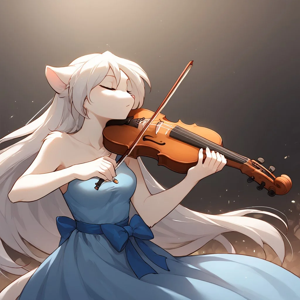 score_9, score_8_up, score_7_up, masterpiece, best quality, good quality, highly detailed, absurdres, smooth, Expressiveh, concert hall, spotlight, 1 girl, solo, cat-nora-twokinds, anthro, white hair, long dress, bare shoulders, playing-violin, violin, holding, bow \(music\), playing violin, closed eyes
