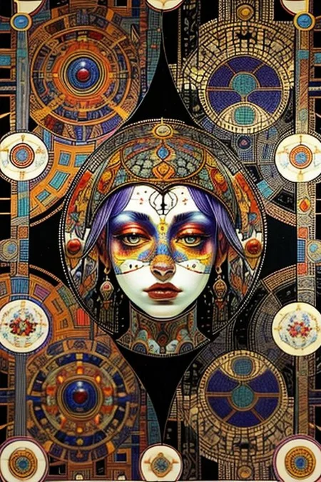 Abstract Tabriz rug in Daniel Richter + Piet Mondrian style, transgressive vision, metallic industrial paint, opulent and fantastical imagery, mosaic purple halo, vivid hallucination, extremely bright, splendid, linear perspective, continuous immersive atmosphere, immersive art, mesmerizing perfection, crimson red, lapis lazuli blue, coffee brown, black corners, black frame, this piece should reflect the diverse aesthetics of the artists in the collective: Raqib Shaw + Daniel Richter + Piet Mondrian, ths_tapestry, FixedStars, pureerosface_v1