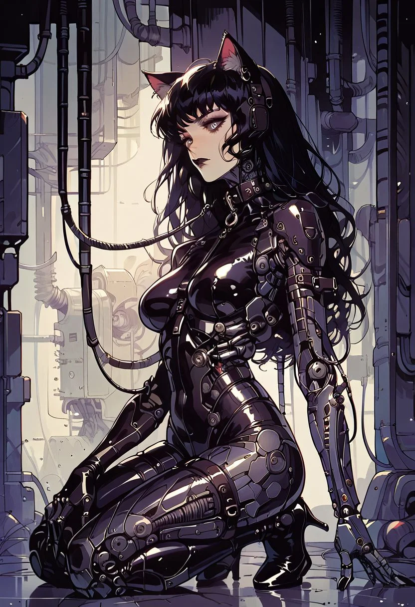 score_9, score_8_up, score_7_up, score_6_up, 1girl, cyb0rg, solo, science fiction, cable, mechanical parts, cat ears, long hair, gothic, large breasts, full body, latex, collar, high heels,