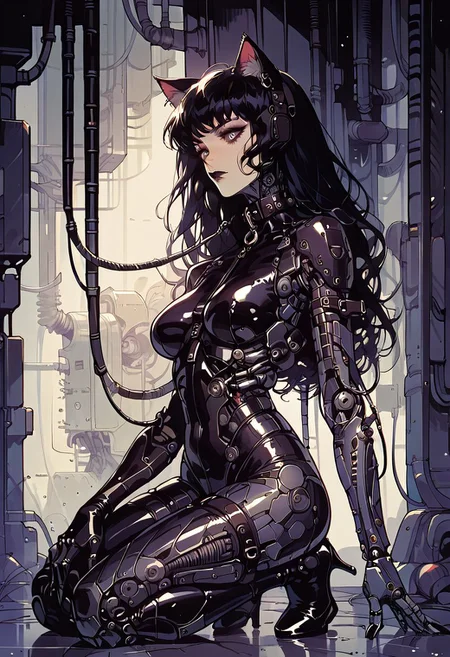 score_9, score_8_up, score_7_up, score_6_up, 1girl, cyb0rg, solo, science fiction, cable, mechanical parts, cat ears, long hair, gothic, large breasts, full body, latex, collar, high heels,