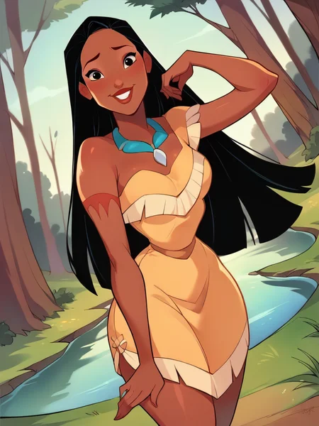 score_9, score_8_up, score_7_up, score_6_up, PocahontasXLP lay on tree, leaning forward, sexy pose, smile, nervous, dark skin, long hair, necklace, strapless, dress, feathers, medium breasts, narrow waist, wide hips, thick thighs, looking at viewer, cowboy shot, cartoon, dynamic pose, smile, cute, wide shot, solo, forest, lake, disney, dutch angle, 
 <lora:PocahontasXLP_character:1>