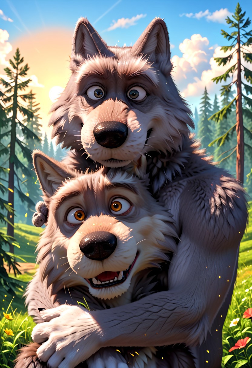 score_8, score_7, score_9_up, BodiPhantom, masterpiece, high quality, detailed, best quality, detailed background, detailed character, detailed character details, detailed face, detailed muzzle, dust, particles, practices, fluffy wool, fluffy fur, high quality, very high rendering, smooth lines, 4k, 8k, 16k, huge resolution, a lot of details, detailed fur, high budget, cinemascope, epic, gorgeous, film grain, grainy, high quality, detailed, high resolution, high quality, high resolution, furry character, 3DMM, 2boys, 2 boys, 
first character: "bybodird008, cartoon_style, source_cartoon, gray wolf, wolf, fluffy wolf, shaggy, (hybrid), boy, furry, furry_male, anthro, stupid wolf1, (He's taller and thicker, and his eyes are wide open, which adds to his innocence), plump";
second character: "bybodird008, cartoon_style, source_cartoon, gray wolf, wolf, fluffy wolf, shaggy, (hybrid), boy, furry, furry_male, anthro, cunning wolf2, (He is thin, with a large head and narrowed eyes), thin, skinny, appearance cunning wolf2, gray wolf, light gray fur";
BREAK
source_furry, adult, anthro, (((muscular))), 2 wolf, 
two wolves, two detailed characters, hugging, gay, 
realistic, different wolves, different faces, detailed face, gray wolfs, two gray wolves, 2 gray wolves
in the forest, trees, sun, meadow, clouds, detailed eyes, detailed fur, detailed anatomy, detailed every character