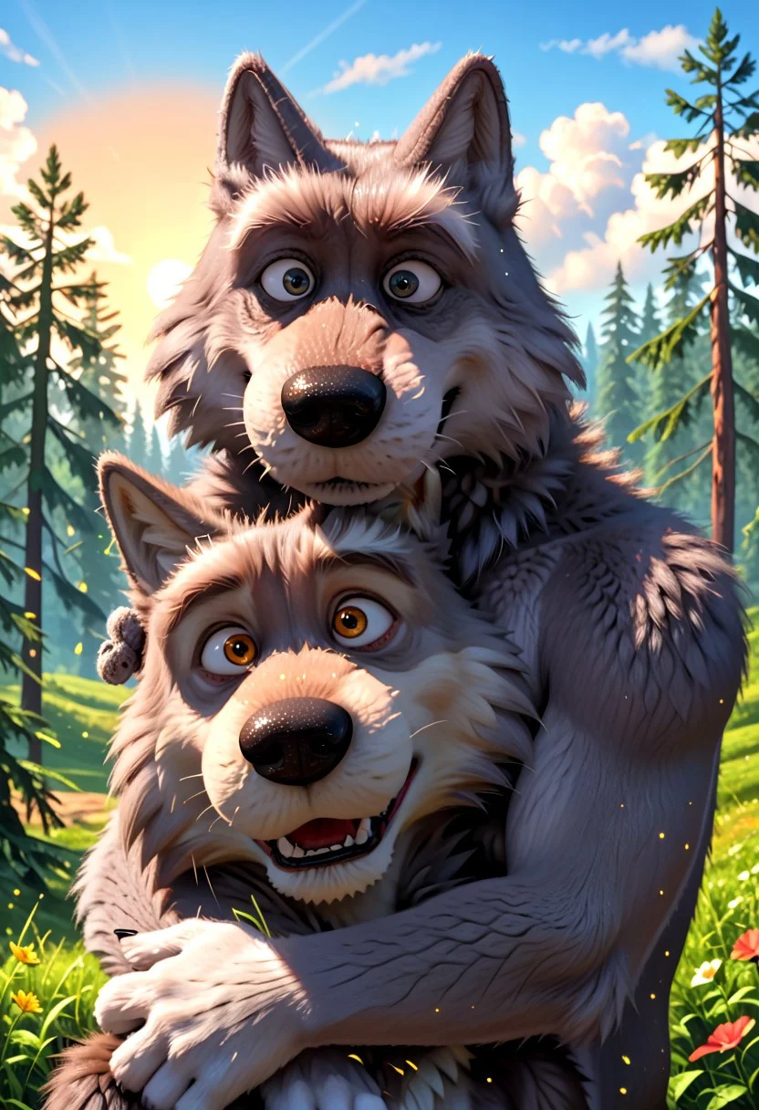 score_8, score_7, score_9_up, BodiPhantom, masterpiece, high quality, detailed, best quality, detailed background, detailed character, detailed character details, detailed face, detailed muzzle, dust, particles, practices, fluffy wool, fluffy fur, high quality, very high rendering, smooth lines, 4k, 8k, 16k, huge resolution, a lot of details, detailed fur, high budget, cinemascope, epic, gorgeous, film grain, grainy, high quality, detailed, high resolution, high quality, high resolution, furry character, 3DMM, 2boys, 2 boys,
first character: "bybodird008, cartoon_style, source_cartoon, gray wolf, wolf, fluffy wolf, shaggy, (hybrid), boy, furry, furry_male, anthro, stupid wolf1, (He's taller and thicker, and his eyes are wide open, which adds to his innocence), plump";
second character: "bybodird008, cartoon_style, source_cartoon, gray wolf, wolf, fluffy wolf, shaggy, (hybrid), boy, furry, furry_male, anthro, cunning wolf2, (He is thin, with a large head and narrowed eyes), thin, skinny, appearance cunning wolf2, gray wolf, light gray fur";
BREAK
source_furry, adult, anthro, (((muscular))), 2 wolf,
two wolves, two detailed characters, hugging, gay,
realistic, different wolves, different faces, detailed face, gray wolfs, two gray wolves, 2 gray wolves
in the forest, trees, sun, meadow, clouds, detailed eyes, detailed fur, detailed anatomy, detailed every character