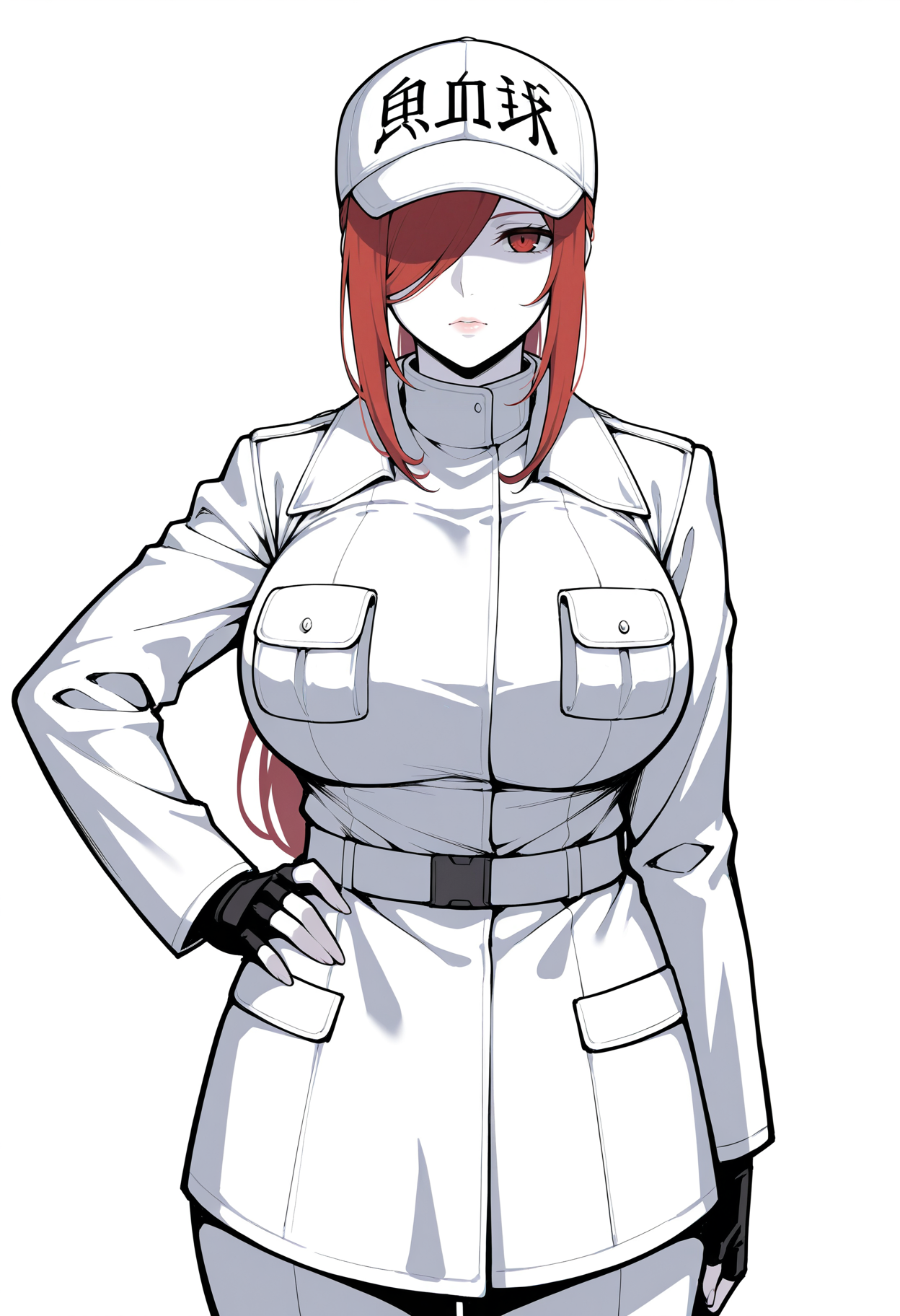 masterpiece, best quality,
1girl, solo, 
standing, hand on own hip, 
looking at viewer,
<lora:U-5250:0.8> s4s45250, white skin, hair over one eye, long hair, sidelocks, large breasts, lips,
white clothes, jacket, long sleeves, fingerless gloves, hat, pocket, 
simple background, white background,
