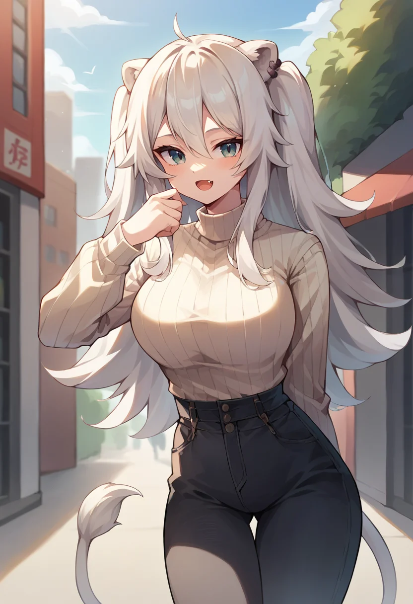 core_9, score_8_up, score_7_up, ShishiroBotan, long hair, two side up, ear piercing, lion tail, sweater, ribbed sweater, long sleeves, high-waist pants, outdoors, city, :3, fang, <lora:CHAR-ShishiroBotanPonyXL:1>