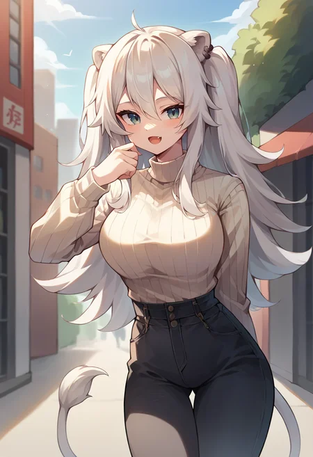 core_9, score_8_up, score_7_up, ShishiroBotan, long hair, two side up, ear piercing, lion tail, sweater, ribbed sweater, long sleeves, high-waist pants, outdoors, city, :3, fang, <lora:CHAR-ShishiroBotanPonyXL:1>