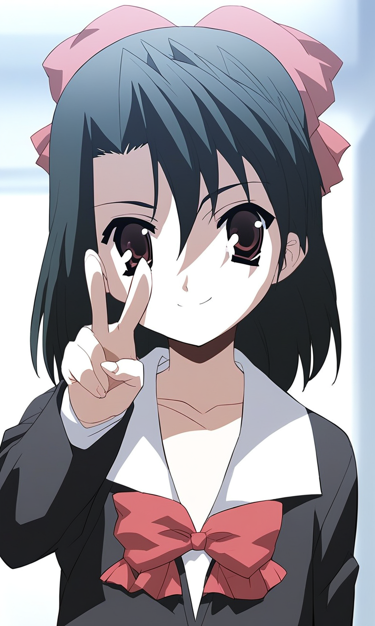 score_9, score_8_up, score_7_up, source_anime, rating_explicit, BREAK  <lora:Kiyoura_Setsuna_XL:1> Kiyoura_Setsuna, 1girl, solo, v, peace, parody, looking at viewer, school uniform, collarbone, bow, upper body, smile, closed mouth, anime coloring, indoors